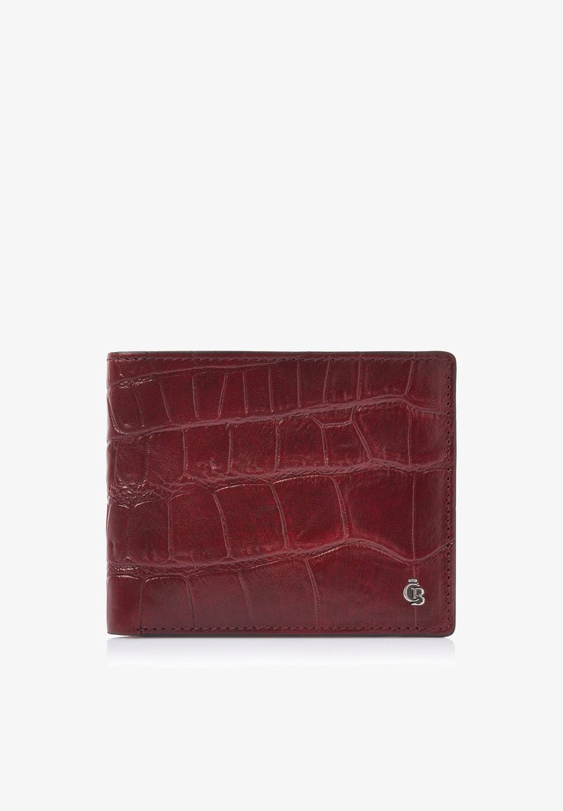 Portafoglio in pelle burgundy con texture coccodrillo e piccolo emblema logo argentato nell'angolo in basso a destra.