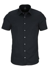 Schwarzes Kurzarmhemd aus Baumwolle mit glatter Textur, mit Knopfleiste und klassischem Kragen. Es hat weiße Knöpfe und eine taillierte Passform.