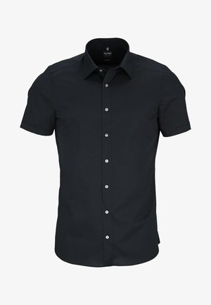 Schwarzes Kurzarmhemd aus Baumwolle mit glatter Textur, mit Knopfleiste und klassischem Kragen. Es hat weiße Knöpfe und eine taillierte Passform.