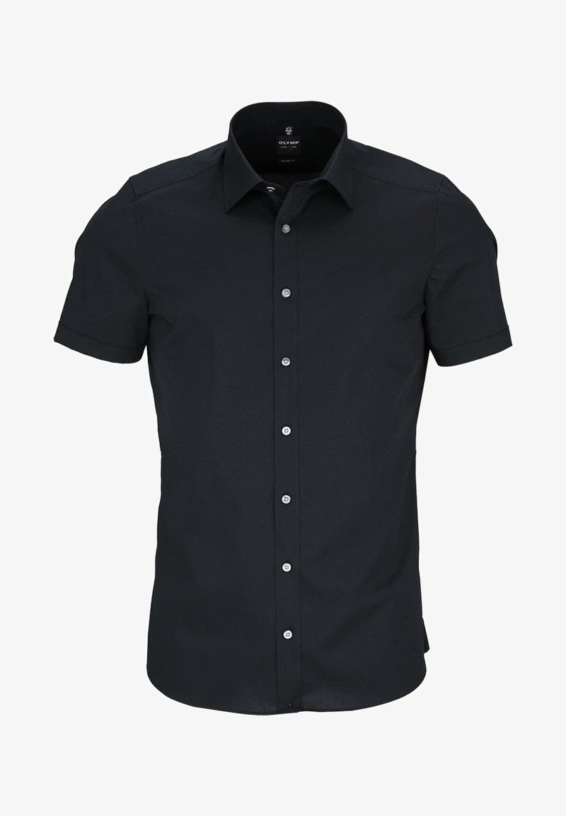 Schwarzes Kurzarmhemd aus Baumwolle mit glatter Textur, mit Knopfleiste und klassischem Kragen. Es hat weiße Knöpfe und eine taillierte Passform.