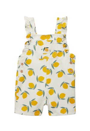 Barboteuse blanche pour tout-petit avec motif citron jaune et feuille verte, bretelles à volants, poche avant et boutons latéraux en bois.