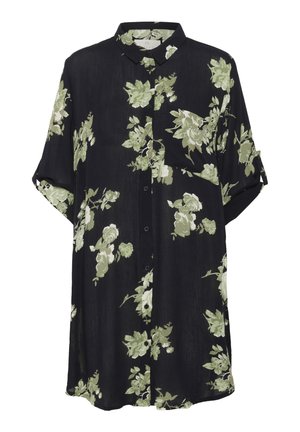 Schwarzes Hemdkleid mit floralem Muster in Grün und Weiß, mit durchgehender Knopfleiste, kurzen umgeschlagenen Ärmeln und einem lockeren Schnitt.