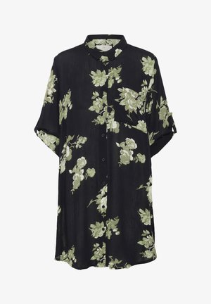 Schwarzes Hemdkleid mit floralem Muster in Grün und Weiß, mit durchgehender Knopfleiste, kurzen umgeschlagenen Ärmeln und einem lockeren Schnitt.