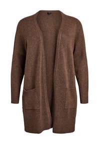 Ruskea neulecardigan, jossa on avonainen etuosa, pitkät hihat ja kaksi etutaskua ribbineuloksella varustetuilla hihoilla ja helmalla. Pehmeä rakenne.