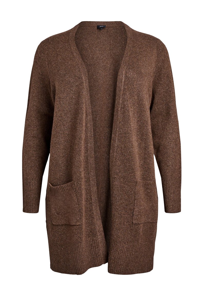 Ruskea neulecardigan, jossa on avonainen etuosa, pitkät hihat ja kaksi etutaskua ribbineuloksella varustetuilla hihoilla ja helmalla. Pehmeä rakenne.