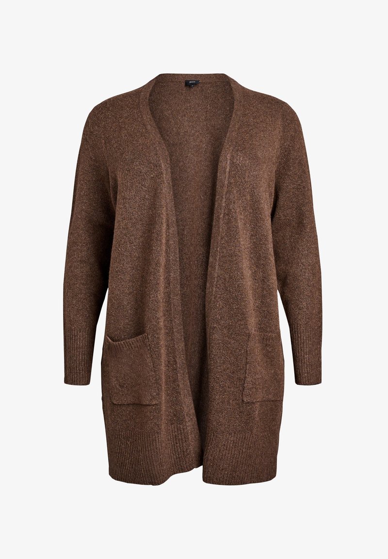 Bruine gebreide cardigan met een open voorkant, lange mouwen en twee voorzakken met geribde manchetten en onderrand. Zachte textuur.