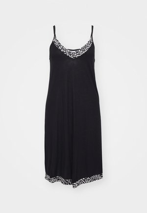 Robes noires à bretelles fines, avec une bordure à motif noir et blanc le long de l'encolure et de l'ourlet. Fabriquée en tissu léger.