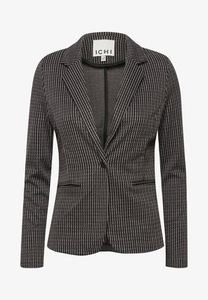 Zwart-wit gestreepte blazer van een gestructureerde stof, met een notch lapel, twee voorzakken en een enkele knoopsluiting. Merklabel zichtbaar aan de binnenkant.