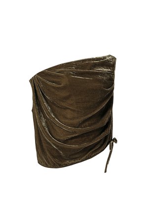 Haut en velours vert olive avec un design drapé et un détail noué sur le côté, présentant un style asymétrique à une épaule et une texture douce.