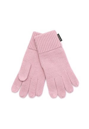 Knitted gloves in soft pink with ribbed cuffs. Features five separate finger sections. Small black tag with brand name visible.