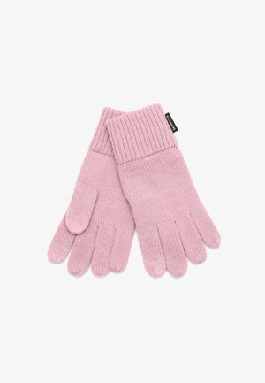 Stickade handskar i mjuk rosa med ribbade muddar. Har fem separata fingersektioner. Liten svart etikett med varumärkesnamn är synlig.