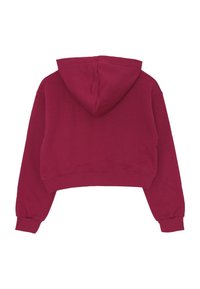 Felpa corta bordeaux stesa, mostrando il retro con maniche lunghe, polsini a coste e cappuccio attaccato su uno sfondo bianco.