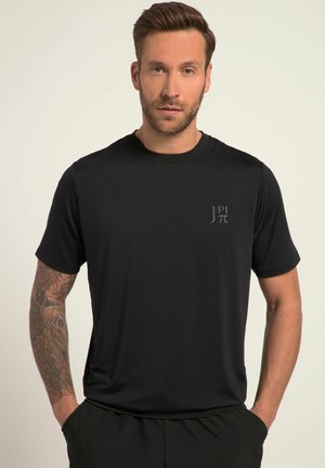 Sort kortærmet t-shirt med rund halsudskæring, lavet af glat stof. Har et diskret grafisk logo på venstre side af brystet.