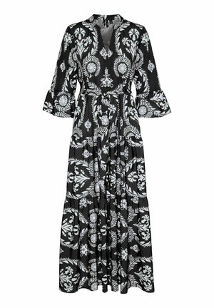 Maxi-jurk van zwarte stof met witte bloemen- en bladpatronen, met een diepe V-hals, uitlopende mouwen en een getailleerde taille.
