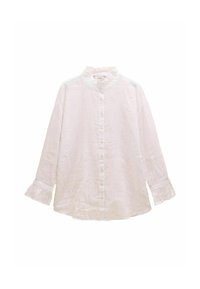White long-sleeve blouse with buttons down the front, ruffled collar, and ruffled cuffs, made of lightweight fabric.