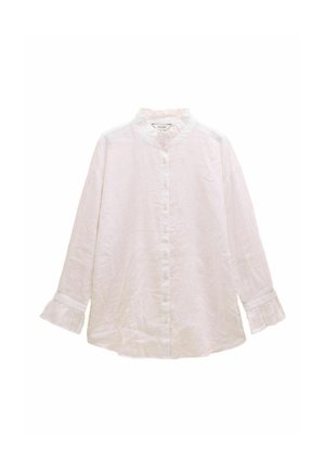 Weiße Bluse mit langen Ärmeln, Knöpfen auf der Vorderseite, Rüschenkragen und Rüschensaum, aus leichtem Stoff.