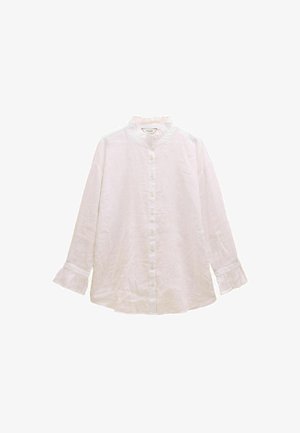 Weiße Bluse mit langen Ärmeln, Knöpfen auf der Vorderseite, Rüschenkragen und Rüschensaum, aus leichtem Stoff.