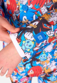 Costume coloré présentant Sonic et ses amis, fabriqué en tissu lisse, avec un fond bleu vif et des impressions de personnages ludiques partout.
