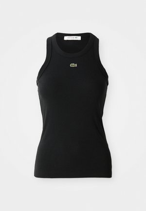 Black sleeveless ribbed tank top with a crew neck and small green Lacoste crocodile logo centered below the neckline.