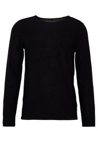 Svart långärmad tröja med rund hals, tillverkad av ett mjukt, texturerat tyg. Den har en rak passform och en avslappnad stil.