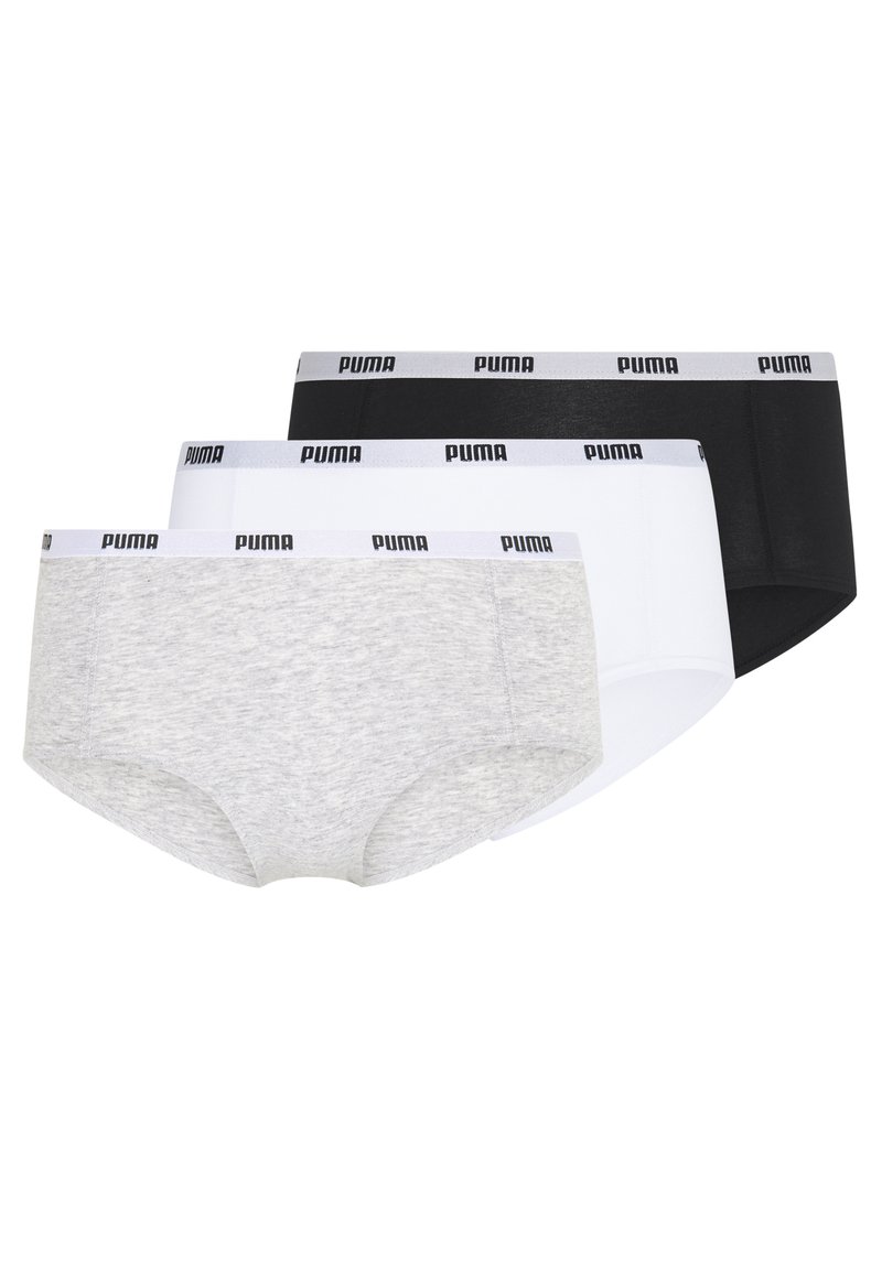 Tre par med kvinneboxer; grå, hvit og svart. Myk stoff med en glatt tekstur og elastisk midjebånd med logo.