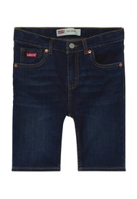 Tmavě modré džínové šortky Levi's s klasickým designem, vybavené měděnými detaily, pěti kapsami a značkovým štítkem na pásku.