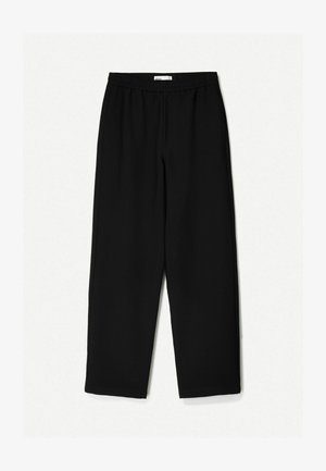 Zwarte, wijde broek van een lichtgewicht stof. Voorzien van een elastische tailleband en een soepele textuur. Geen zichtbare patronen of hardware.