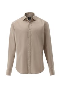 Camicia beige con maniche lunghe e bottoni, realizzata in tessuto morbido, presenta un colletto classico e una patta frontale con bottoni abbinati.