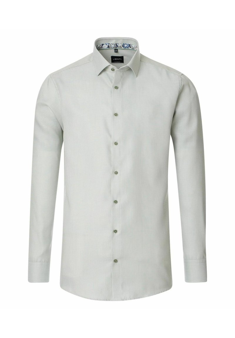 Lichtgroen overhemd met lange mouwen, voorzien van een subtiele ruitpatroon, knoopsluiting en een gekleed kraag in blauw en wit.