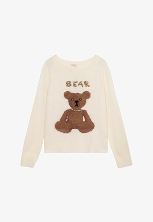 Suéter color crema con un diseño texturizado de un oso de peluche marrón en el centro, con la palabra "OSO" arriba, adornado con pequeñas cuentas.