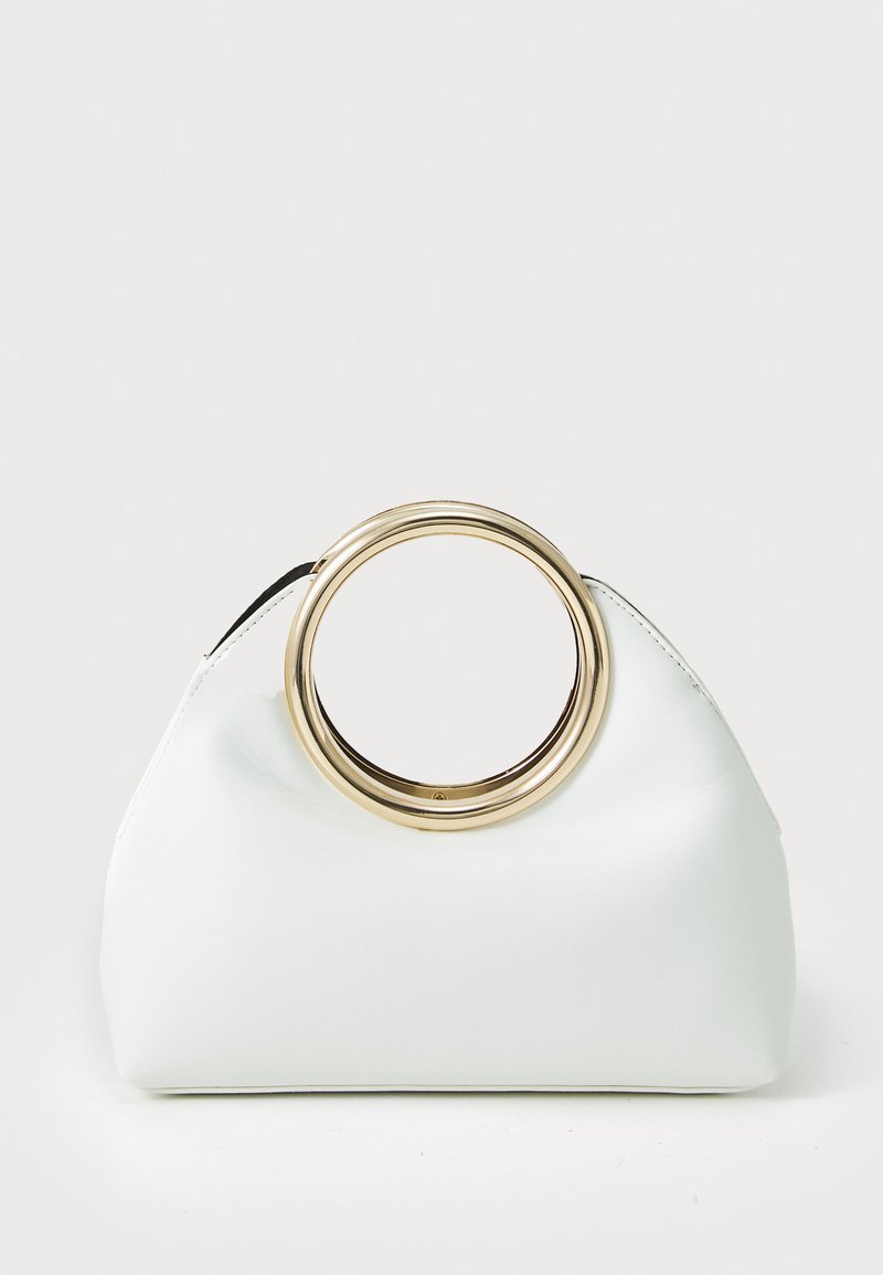White faux leather handbag with a rounded gold metal handle; soft, structured design with a minimalist aesthetic.