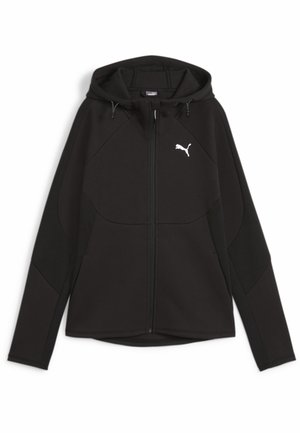 Sudadera negra con cremallera, mangas largas, capucha con cordón y logo Puma blanco en el pecho izquierdo sobre fondo blanco.
