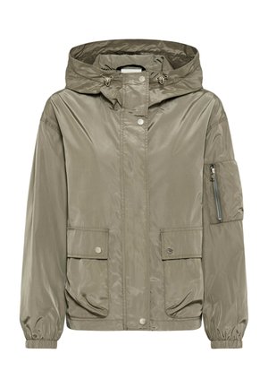 Light brown hooded jacket with snap button front, elastic cuffs, two front flap pockets, and a zippered pocket on the left sleeve.