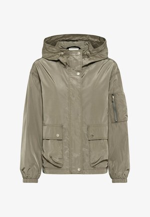 Light brown hooded jacket with snap button front, elastic cuffs, two front flap pockets, and a zippered pocket on the left sleeve.