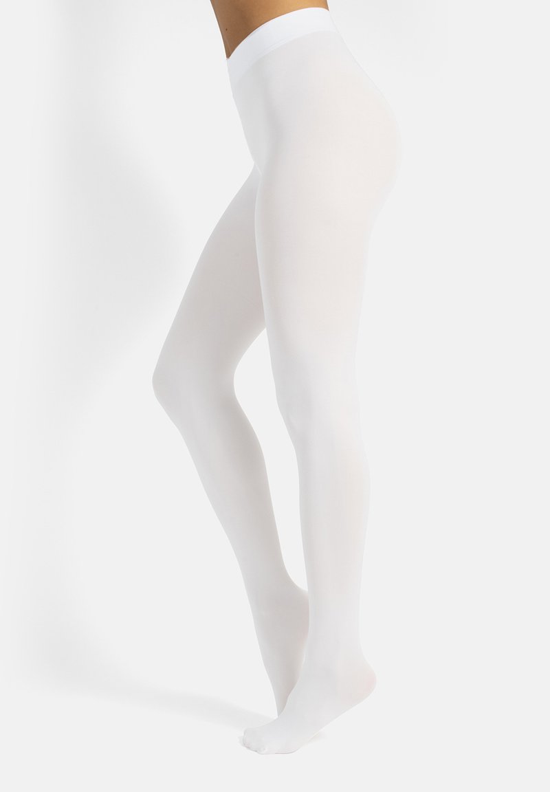 Medias opacas blancas con una textura suave, cintura alta y un diseño ajustado, que resaltan la forma de las piernas sin patrones ni acentos adicionales.