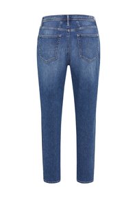 Jeans in denim blu con due tasche posteriori e taglio dritto, mostrati da dietro su uno sfondo bianco.
