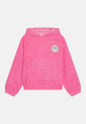 Lys pink hættetrøje med en forlomme og et lille broderet motiv af et smilende ansigt med hjerteformede solbriller.