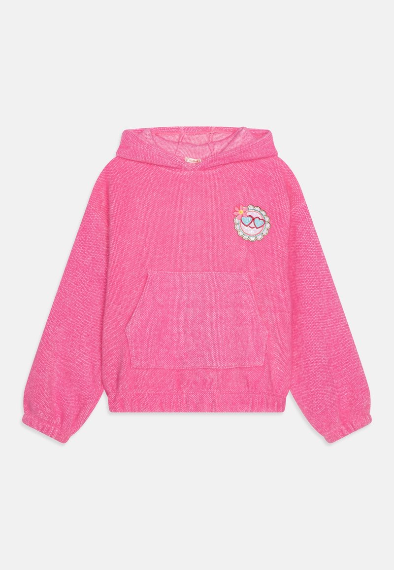 Sweat à capuche rose vif avec une poche kangourou à l'avant et un petit motif brodé représentant un visage souriant portant des lunettes de soleil en forme de cœur.