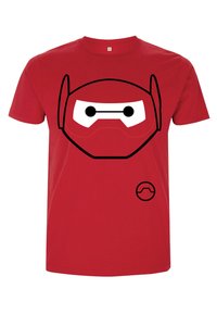 Camiseta de algodón roja con un contorno negro de una cabeza de robot estilizada en el centro, con dos ojos negros y un logotipo más pequeño en la parte inferior.