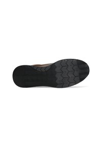 Zwarte rubberen zool met een gestructureerd patroon; beschikt over een hexagonaal gripdesign voor tractie. Bruin bovenmateriaal niet zichtbaar in dit uitzicht.