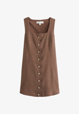 Robe sans manches en lin marron avec un décolleté carré et un devant festonné. Huit boutons dorés en forme d'étoile ornent le centre.