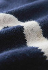 Coperta in lana con strisce alternate blu navy e crema. Texture morbida con una leggera lucentezza. La cucitura visibile lungo i bordi ne aumenta la durata.