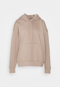 Felpa con cappuccio beige, maniche lunghe, tasca a marsupio frontale e cappuccio con lacci, esposta su uno sfondo bianco.