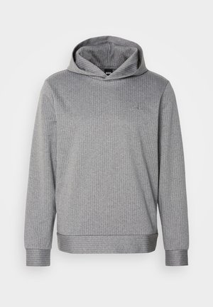 Sudadera con capucha gris, hecha de material acanalado, con mangas largas, un ajuste relajado y un sutil logo en la parte superior izquierda del pecho.