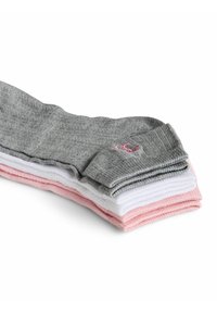 Set di tre paia di calze in grigio, bianco e rosa, con una morbida texture e un motivo a maglia, con un piccolo logo sulla calza grigia.