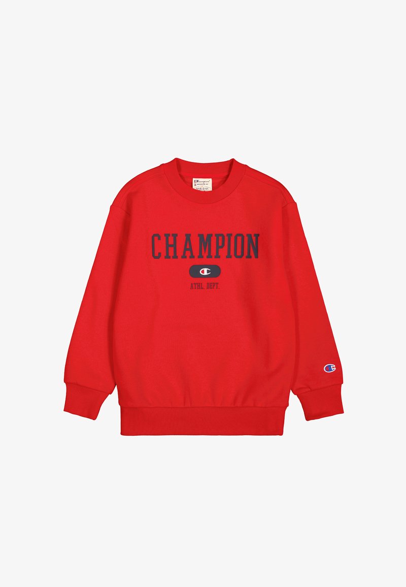 Sudadera roja con la frase "CHAMPION ATHL. DEPT." en azul marino, puños y dobladillo de canalé, con parche de logo en la manga. Material de algodón suave.