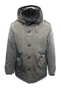 Olivgrüner Parkajacke mit gefütterter Kapuze, großen Knöpfen, vier Fronttaschen, verstellbaren Riemen und einer mit Reißverschluss verschlossenen Brusttasche.