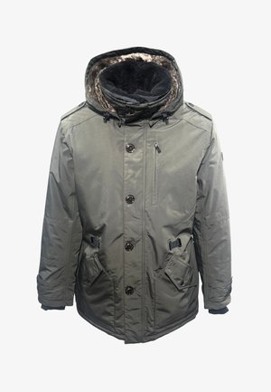 Olivgrüner Parkajacke mit gefütterter Kapuze, großen Knöpfen, vier Fronttaschen, verstellbaren Riemen und einer mit Reißverschluss verschlossenen Brusttasche.