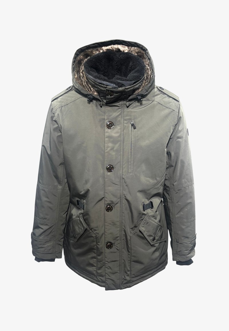 Olivgrüner Parkajacke mit gefütterter Kapuze, großen Knöpfen, vier Fronttaschen, verstellbaren Riemen und einer mit Reißverschluss verschlossenen Brusttasche.
