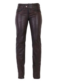 Bruna läderbyxor med en slim fit-design, med en mid-rise midja, framfickor och en distinkt textur av lädret.